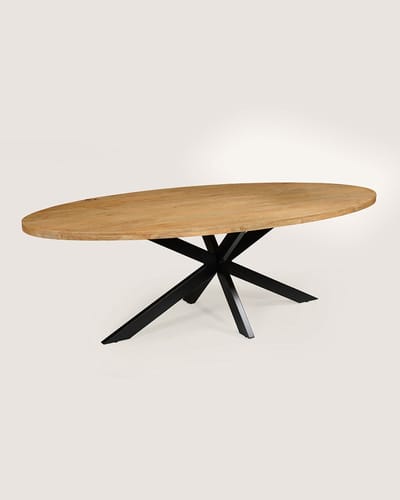 Ovale Eettafel 160 cm Mangohout – Zwart Metalen Matrix Onderstel – Industrieel – 3-4 Personen