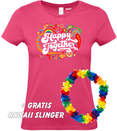 Dames T-shirt Happy Together Regenboog | Love for all | Gay Pride | Regenboog LHBTI | Fuchsia dames | maat XS