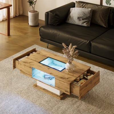 DESMIU Salontafel - LED Verlichting Met App Bediening En Twee Lades - Voor Woonkamer En Opberggebruik - Spaanplaat En Glas - 110,2x60x39,7 Cm - Naturel