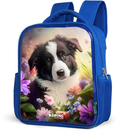 NoBoringSuitcases.com® - Rugzak blauw - Schooltas jongens - Hond met blauwe ogen in een veld - Kinder rugtas jongen - Boekentas kind - Kinderrugzak voor school - Schoolrugzak