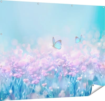 Gards Tuinposter Twee Blauwe Vlinders bij Roze Bloemen - 150x120 cm - Tuindoek - Tuindecoratie - Wanddecoratie buiten - Tuinschilderij