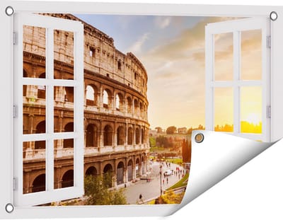 Gards Tuinposter Doorkijk Colosseum bij Zonsondergang in Italïe - 60x40 cm - Tuindoek - Tuindecoratie - Wanddecoratie buiten - Tuinschilderij