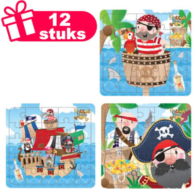 Henbrandt - 12 Stuks Piraten Puzzels - Piraat Traktatie uitdeelcadeautjes voor kinderen & peuters - Traktaties en kinderverjaardagen - Klein grabbelton speelgoed voor in traktatie uitdeelzakjes