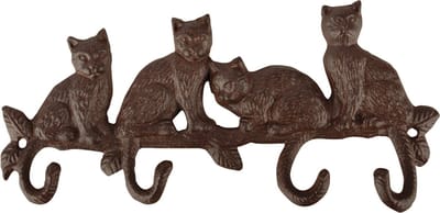 Esschert Design Wandkapstok Kat - gietijzer - kapstok wandrekje - 4-haaks - 29 cm - bruin - poes