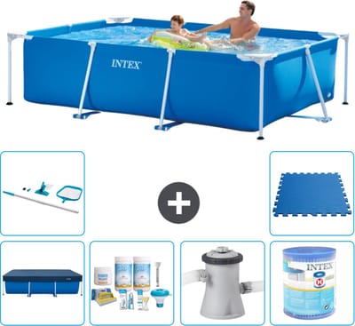 Intex Rechthoekig Frame Zwembad - 260 x 160 x 65 cm - Blauw - Inclusief Afdekzeil - Onderhoudspakket - Zwembadfilterpomp - Filter - Schoonmaakset - Vloertegels - 7-delig