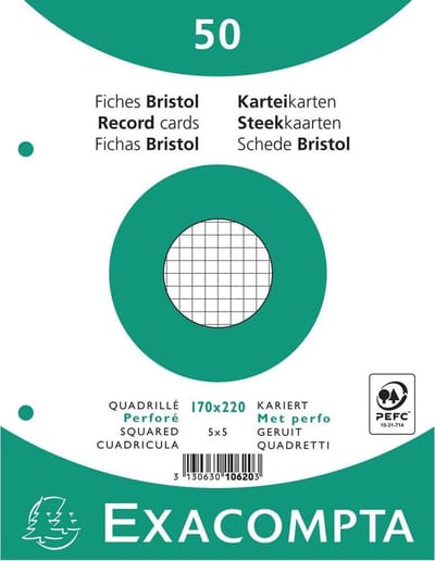 Exacompta Pak 50 steekkaarten in folie - bristol geruit 5x5 geperforeerd - 170x220mm - Wit - 10620E