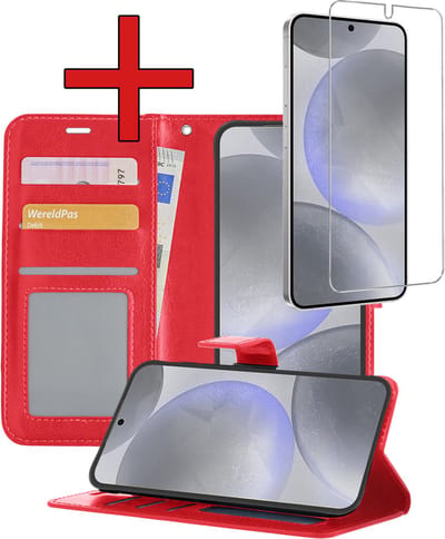 Hoesje - Met Screenprotector - Geschikt voor Samsung Galaxy S24 - Luxe Pasjeshouder - Flipcase - Bookcase Portemonee - Flip Case - Kunstleer Book Case - Book Cover - Walletcase - Portemonneehoes - Telefoonhoes - Rood