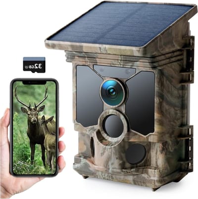 Quvo® Wildcamera met Nachtzicht en Wifi – Buitencamera met sd Kaart 32 gb- Wildcamera – Zonne-Energie – Nachtcamera Buiten Dieren - IP66 Waterdicht – Wildlife Camera’s – Infraroodcamera – Nachtcamera Wild Camera - Camouflage - 15cm x 11cm x 10cm