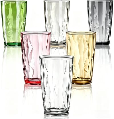 Set van 6 waterglazen van kunststof, 490 ml acryl drinkglazen, kleurrijk, onbreekbaar, herbruikbare plastic bekers, BPA-vrij, drinkglazen voor outdoor, camping, feest en huishouden
