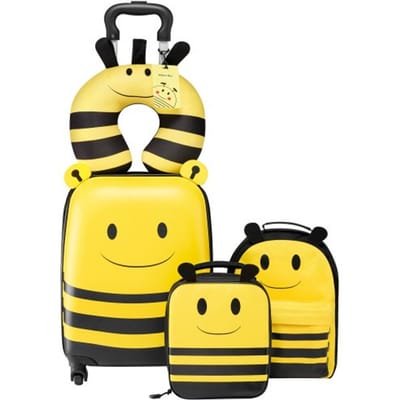 VEVOR 5-delige kofferset voor kinderen, 457,2 mm, harde koffer met kindertrolley, rugzak, nekkussen, lunchbox en bagageaccessoires, bagageset voor jongens en meisjes, praktisch voor op reis (Vliegen (Bijen))