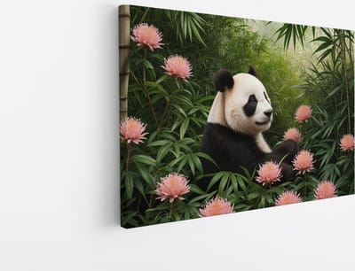 Saammp Canvas Schilderij - Panda tussen de roze bloemen - Natuur - Dieren - 45x30 - Foto op canvas - Wanddecoratie - Muurdecoratie Woonkamer - Slaapkamer decoratie - Canvas Print
