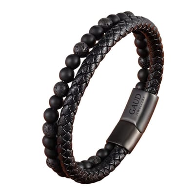 Leren Armband voor Heren - 21 cm - Zwart Gevlochten Leer & Lava Kralen - Met Roestvrijstalen Magneetsluiting - Stijlvolle Meerlaagse Herenarmband