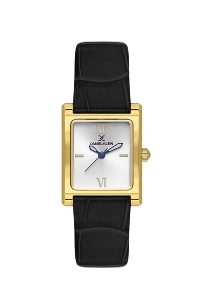 Daniel Klein DK.1.14112-2 - Horloge - Polshorloge - Analoog - Dames - Vrouwen - Leren band - Metaal - Vierkant - Romeinse cijfers - Strepen - Goudkleurig - Zwart - Wit - Donkerblauw