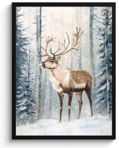 Poster in lijst - Fotolijst 60x80 cm - Posters - Rendier - Sneeuw - Woud - Wit - Posterlijst zwart - Decoratie - Wanddecoratie woonkamer - Muurdecoratie slaapkamer