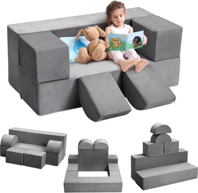 Modulaire Kinder Speelbank - Voor Speelkamer & Slaapkamer - 6-delige Omvormbare Bank met Schuim & Vloerkussen - Speelset & Fotografie-accessoires - Grijs