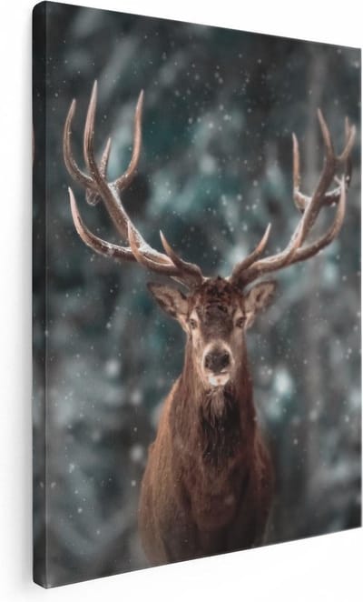 Artaza Canvas Schilderij Hertenkop - 30x40 cm - Klein - Wanddecoratie Gewei - Muurdecoratie Winter - Kamer Accessoires