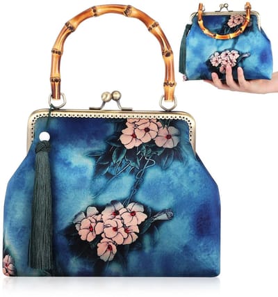 Dailygoods- Handtas Medium - Vintage Handtas - Tote Bag - Dames Handtas - Jacquard Stof - Bamboe Handvat - 24.5 x 18.5 x 7.5 cm