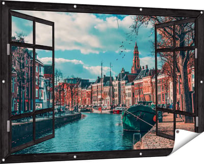 Gards Tuinposter Doorkijk Gracht in Groningen - 150x100 cm - Tuindoek - Tuindecoratie - Wanddecoratie buiten - Tuinschilderij