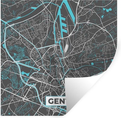 Muurstickers - Sticker Folie - België – Gent – Stadskaart – Kaart – Blauw – Plattegrond - 100x100 cm - Plakfolie - Muurstickers Kinderkamer - Zelfklevend Behang XXL - Zelfklevend behangpapier - Stickerfolie