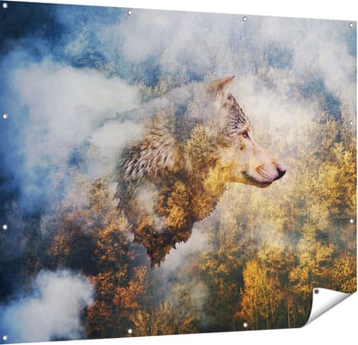 Gards Tuinposter Wolvenkop op een Herfstbos - Wolf - Abstract - 150x120 cm - Tuindoek - Tuindecoratie - Wanddecoratie buiten - Tuinschilderij