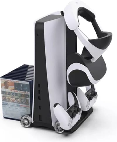 Multifunctioneel Opbergstation Standaard met Koeling Ventilatie geschikt voor Playstation 5 | Coolingstation met oplader voor PS5 DualSense Controllers Joystick | CD games en Koptelefoon opbergen | zwart KJH-P5-032