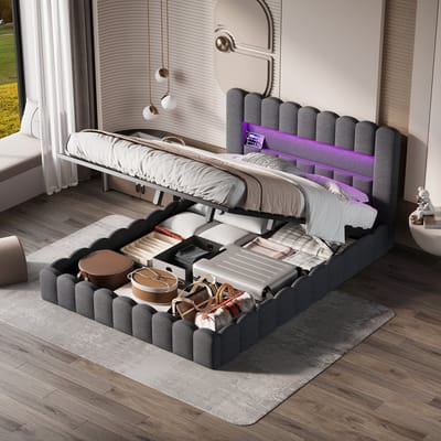 Tweepersoonsbed, 180x200 cm, gestoffeerd, met ingebouwd matras, zacht hoofdeinde, met LED- en USB-aansluiting, exclusief matrashoes, grijs