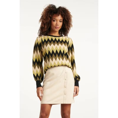 Smashed Lemon Army en zand zigzag gebreide dames top met ronde hals |