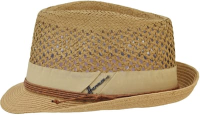 Herman chapeau petit bord relevé à l'arrière en paille papier tabac uni ajouré avec ceinture en lacet