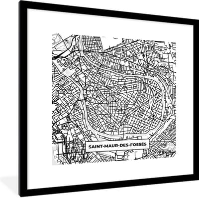 Fotolijst incl. Poster Zwart Wit- Plattegrond - Kaart - Frankrijk - Saint-Maur-des-Fossés - Stadskaart - Zwart wit - 40x40 cm - Posterlijst