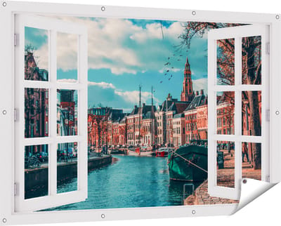 Gards Tuinposter Doorkijk Gracht in Groningen - 150x100 cm - Tuindoek - Tuindecoratie - Wanddecoratie buiten - Tuinschilderij