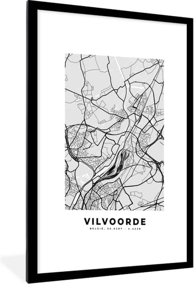 Fotolijst incl. Poster Zwart Wit- Plattegrond – Vilvoorde – Zwart Wit – Stadskaart - Kaart - 60x90 cm - Posterlijst
