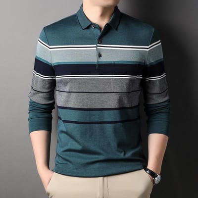 Herfst Nieuw Heren Lange Mouwen Polo Shirt Mode Casual Gestreept Middelbare Leeftijd Herenkleding Basis Shirt T-shirt XXXXL gray