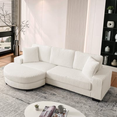 L-Vormige Hoekbank - 4-Zits Corduroy Bank Met Hocker - Beige