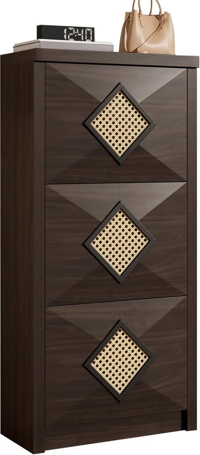 Vintage Schoenenkast-Met Rattan Decor-3 Klapvakken-Dunkelbruine Houtlook-Plaatsbesparend voor de Hal-Bruin