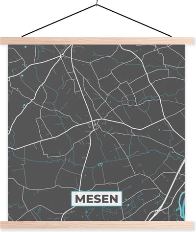 Posterhanger incl. Poster 40x40 cm - Schoolplaat - Stadskaart – Grijs - Kaart – Mesen – België – Plattegrond - Textielposter - Blanke latten - Stadskaart