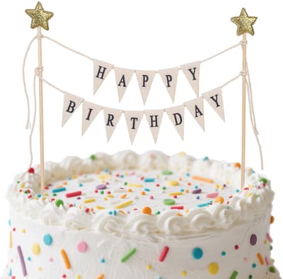 Dailygoods- Verjaardagstaart Decoratie - Taarttopper - Vlaggenbanner - Handgemaakt - Feestdecoratie - 21x20,5 cm - Geel/Zwart/Wit - Taartdecoratie