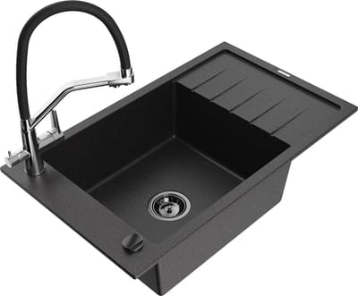 Mexen Elias granieten spoelbak 1-kamer met afdruiprek en keukenkraan Duo, zwart/zilver metallic - 6511-73-671701-07-B