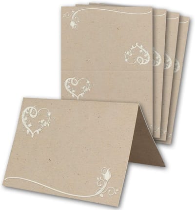 300 Plaatskaartjes Bruiloft Kraftpapier Look met Hart en Bloemen - DIN A7 Beschrijf- en Bedrukbare Naamkaartjes voor Tafeldecoratie en Doop