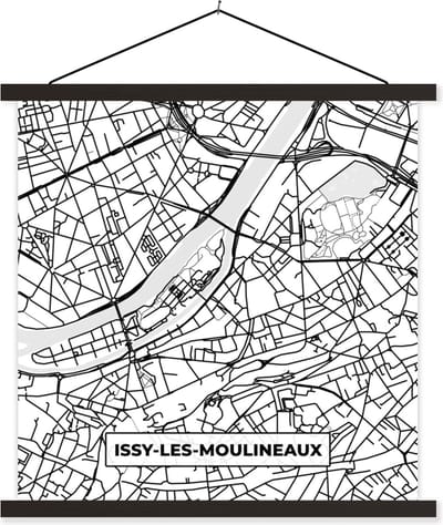 Posterhanger incl. Poster 60x60 cm - Schoolplaat - Stadskaart - Frankrijk - Issy-les-Moulineaux - Kaart - Plattegrond - Zwart wit - Textielposter - Zwarte latten - Stadskaart