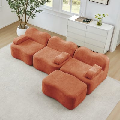 MODENUIT Hoekbank 3-Zits - Modulaire Opstelling Met Ottoman En Diepe Zitting - Voor Woonkamer - Fluweel Oranje