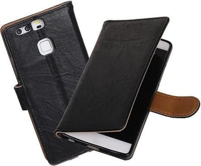 BestCases.nl Huawei P9 Lite mini Echt Leer Leder booktype hoesje Zwart