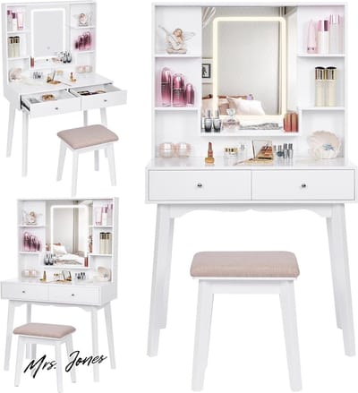Mrs. Jones Make-uptafel met verlichting en kruk in 3 kleuren - LED-verlichting ijdelheid make-uptafel met spiegel - tafel 5 laden voor meisjes - kaptafel met spiegel kruk - wit BDT14W .