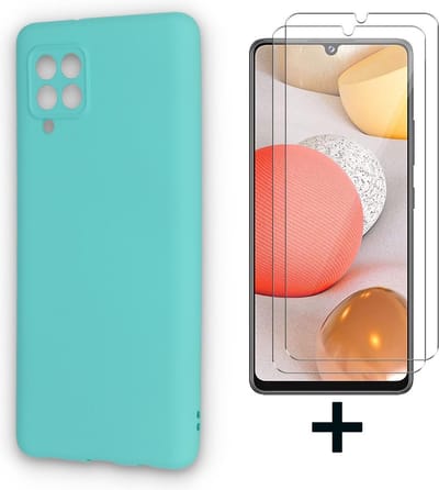 HB Hoesje Geschikt voor Samsung Galaxy A12 - Turquoise + 2X Glazen Screenprotector - Siliconen Back Cover