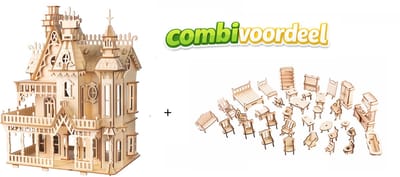 Combivoordeel Poppenhuis Villa Fantasia - Groot bouwpakket met 34 meubels