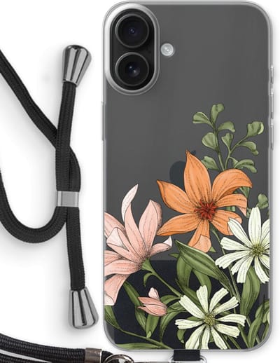 Case Company® - Hoesje met koord geschikt voor iPhone 16 Plus hoesje met Koord - Floral bouquet - Telefoonhoesje met Zwart Koord - Bescherming aan alle Kanten en Over de Schermrand