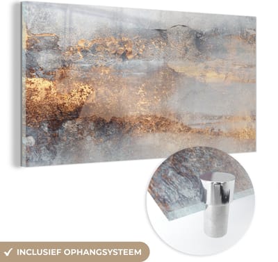 MuchoWow® Glasschilderij 40x20 cm - Schilderij acrylglas - Mist - Goud - Abstract - Foto op glas - Schilderijen
