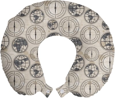 ABAKUHAUS Kompas Reiskussen met Neksteun, Continentenpatroon, Schuimrubber Reisaccessoire voor Vliegtuig en Auto, 30x30 cm, Zwart, Grijs, Beige