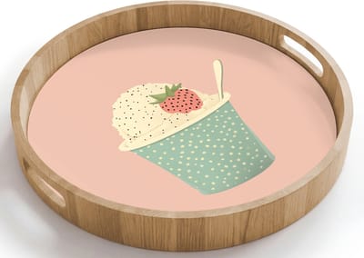 Dienblad rond 40x40 cm - Schootdienblad hout - Bakje - Ijs - Aardbei - Roze - Borrelplank rechthoek - Plateau houten dienbladen