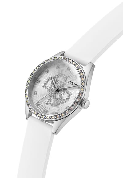 Guess Ava Quartz Analoog Horloge Wit Kast Gemaakt Van 100% Roestvrij Staal En Een Armband Van 100% Siliconen 34 GW1042L1, GW1042L4