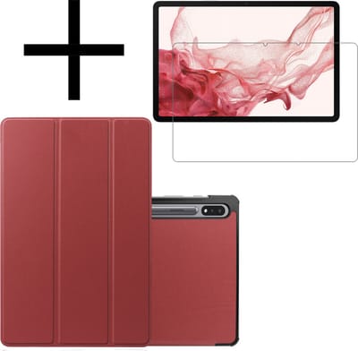 Hoes - Geschikt voor Samsung Galaxy Tab S8 - Met Screenprotector - Trifold Bookcase - Hard Cover - Hardcover Book Case - Tablet Hoesje - Donkerrood